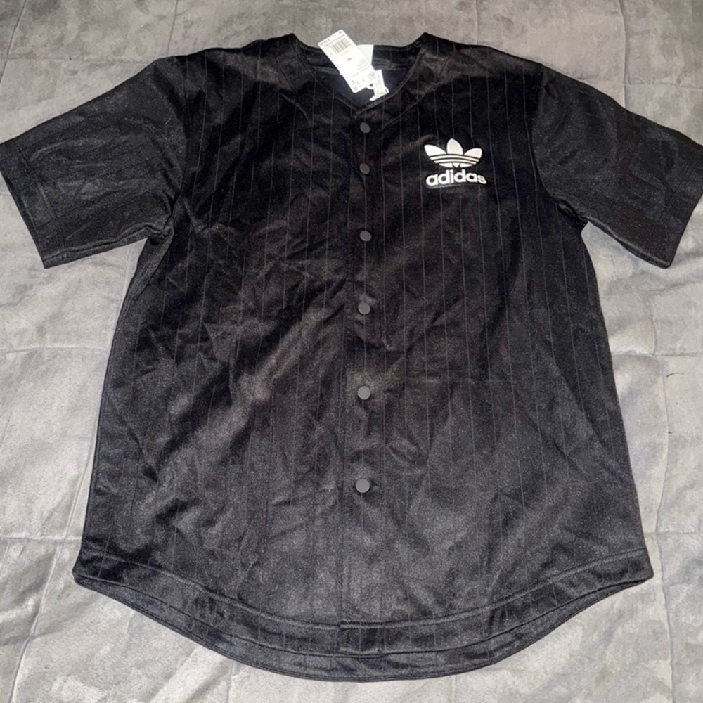adidas Black Short Sleeve Button-Up Jersey with White Trefoil Logo